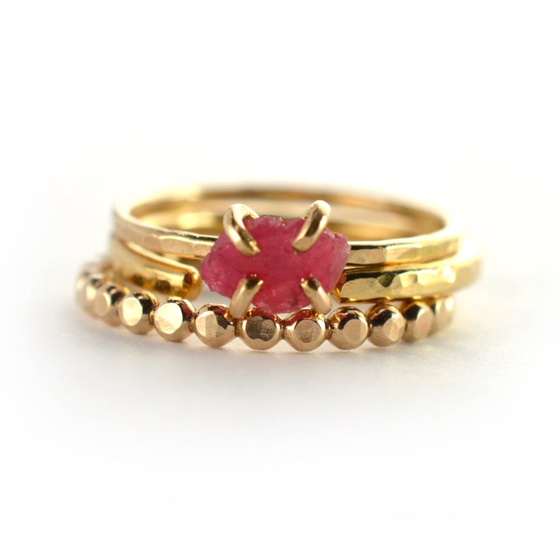 Size 4 / Raw Pink Ruby Stacking Ring Set of 3