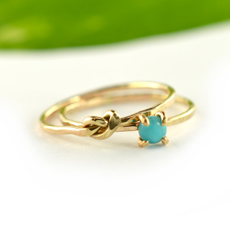 Size 5 / Gold Turquoise & Hammered Love Knot Stacking Ring Set of 2