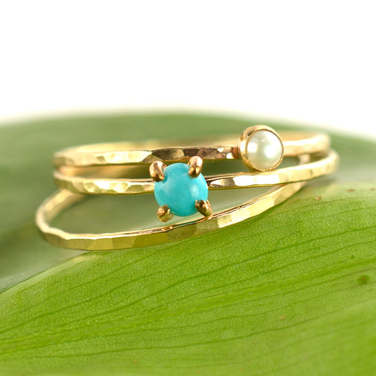 Size 9 / Turquoise & Pearl Stacking Ring Set of 3