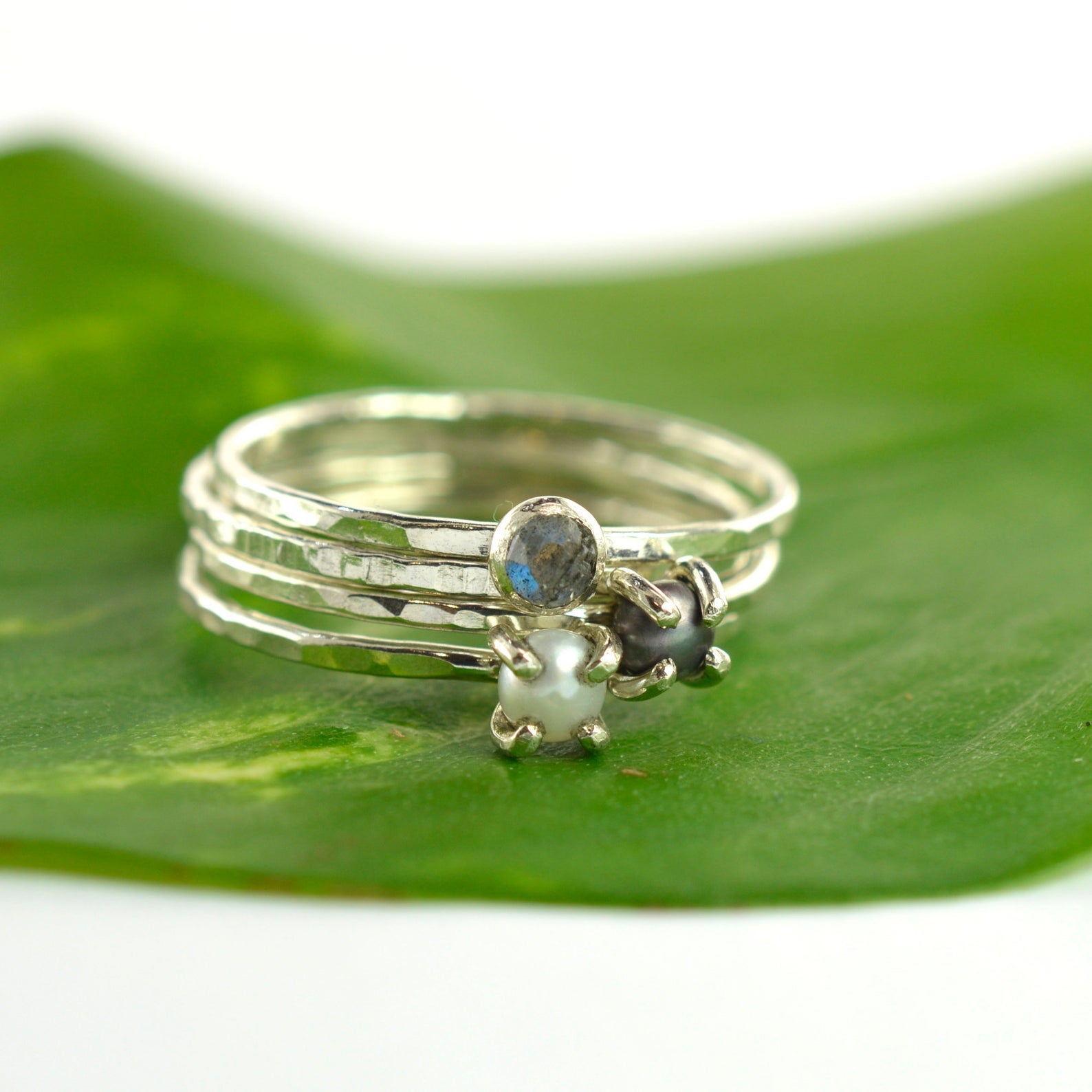 Size 6 / Labradorite & Pearl Stacking Ring Set of 4 Rings