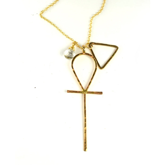 Hammered Geometric Ankh & Pyramid Pendant Necklace
