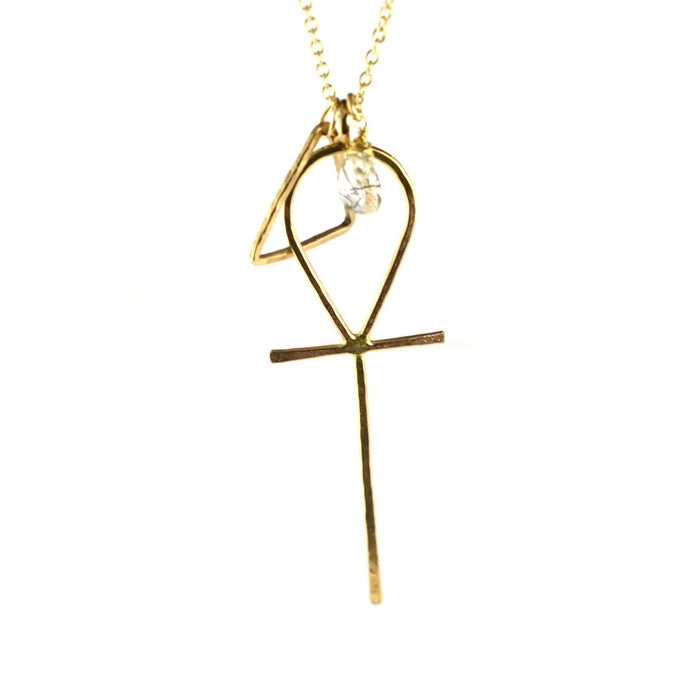 Hammered Geometric Ankh & Pyramid Pendant Necklace