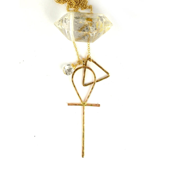 Hammered Geometric Ankh & Pyramid Pendant Necklace