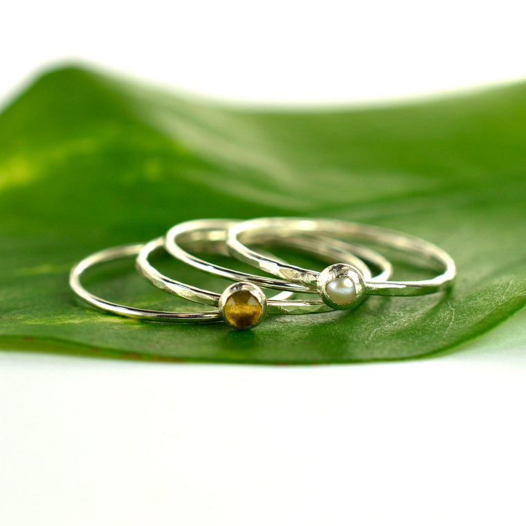 Size 6 / Silver Pearl & Citrine Stacking Ring Set of 4