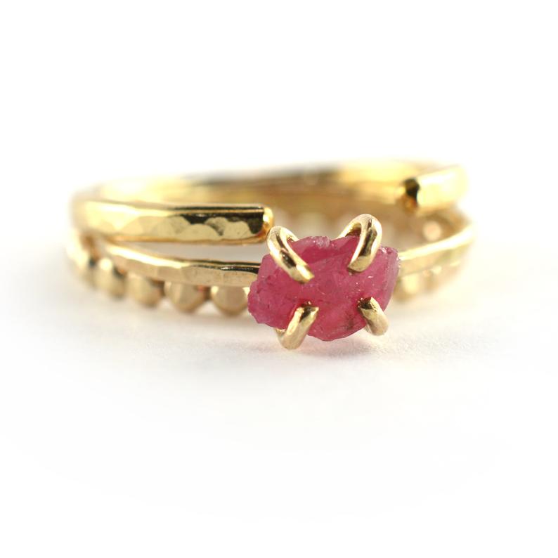 Size 4 / Raw Pink Ruby Stacking Ring Set of 3