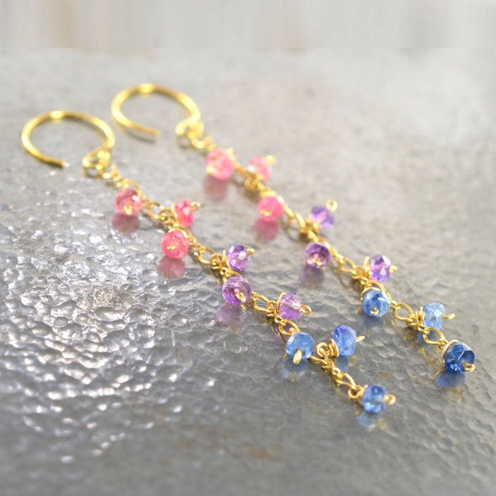 Sapphire Ombre, Amethyst, Pink Tourmaline Dangle Earrings