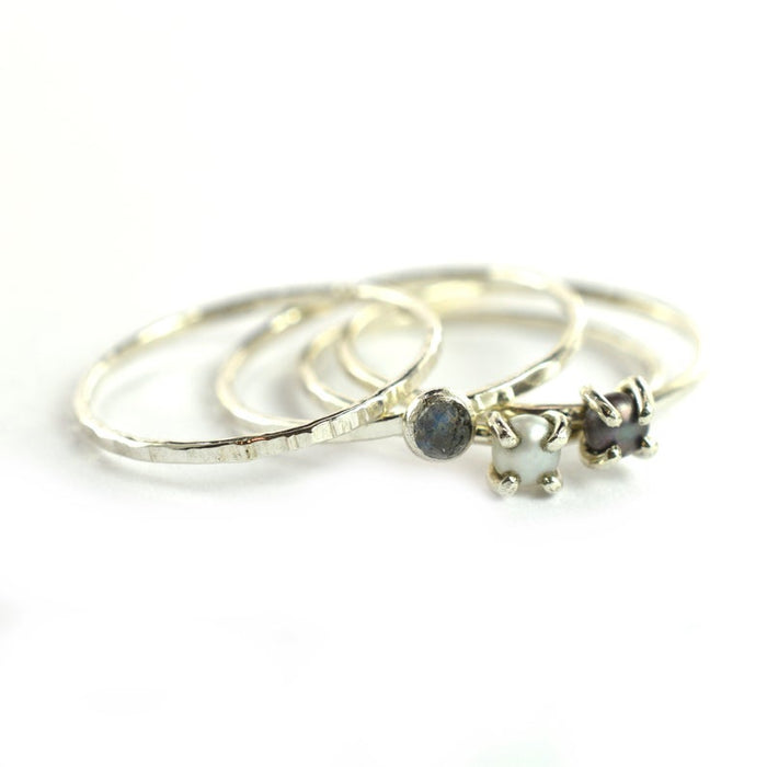 Size 6 / Labradorite & Pearl Stacking Ring Set of 4 Rings