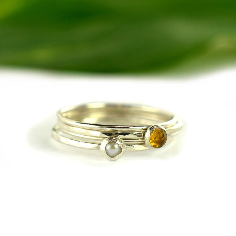 Size 6 / Silver Pearl & Citrine Stacking Ring Set of 4
