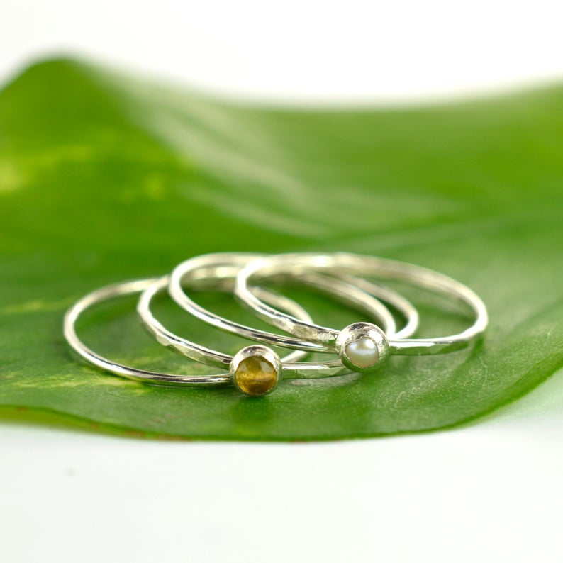 Size 6 / Silver Pearl & Citrine Stacking Ring Set of 4