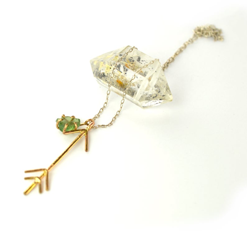 Gold Arrow Pendant & Raw Gemstone Necklace