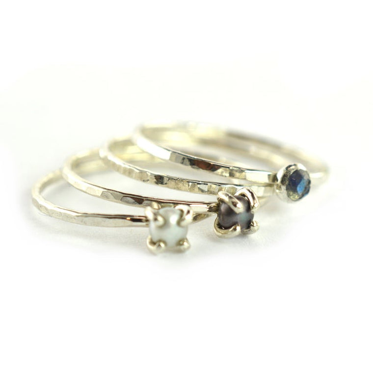 Size 6 / Labradorite & Pearl Stacking Ring Set of 4 Rings