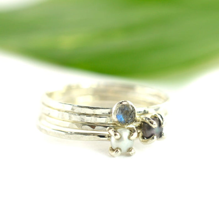 Size 6 / Labradorite & Pearl Stacking Ring Set of 4 Rings