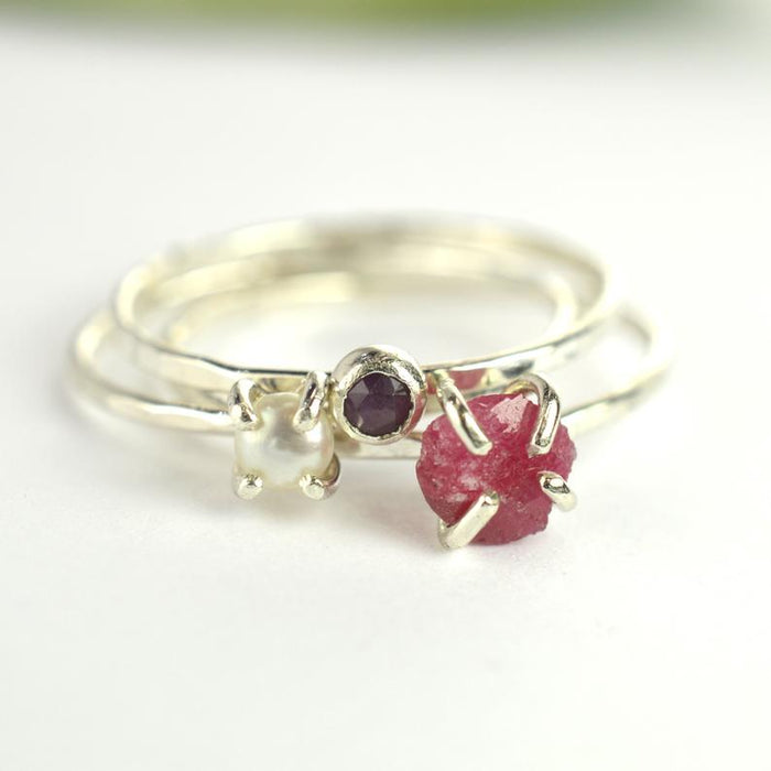 Size 7-7.5 / Raw Pink Ruby Stacking Ring Set of 3