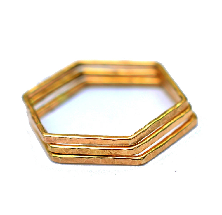 Hammered Gold Fill Hexagon Stacking Ring - Set of 3